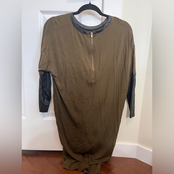 Olive Green Mini Dress with Faux Leather Sleeves and Trim, size small - Picture 3 of 5